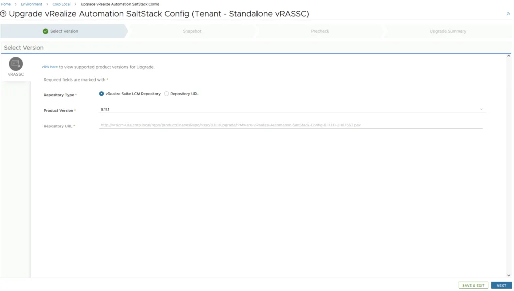 Upgrade wizard step shows selecting vRealize Automation SaltStack Config version 8.11.1.