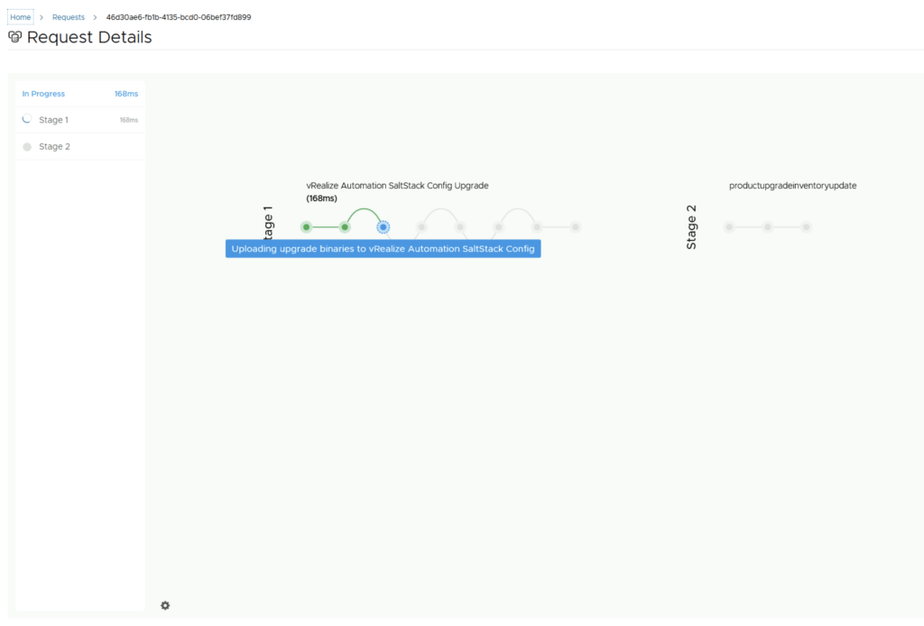 Upgrading SSC to 8.11.1 using vRSLCM: Progress screen showing Stage 1 upload in progress.