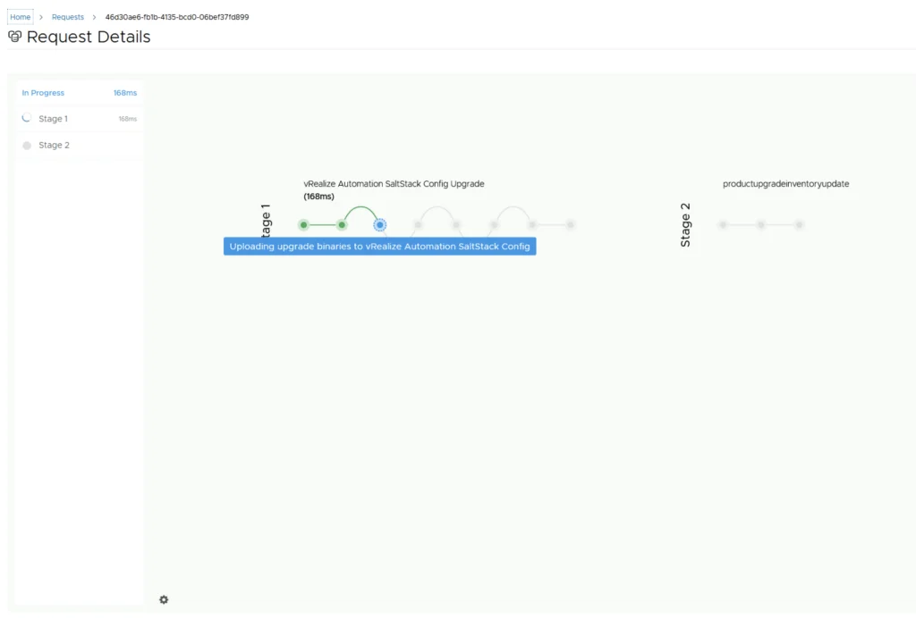 Upgrading SSC to 8.11.1 using vRSLCM: Progress screen showing Stage 1 upload in progress.