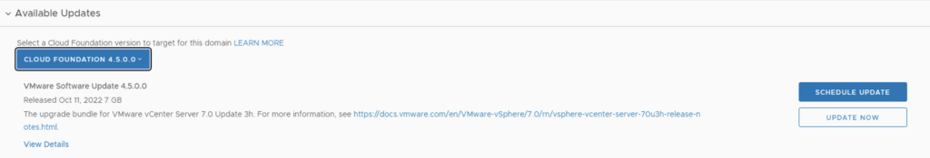 UI shows Cloud Foundation 4.5.0.0 update details with options to schedule or update now.