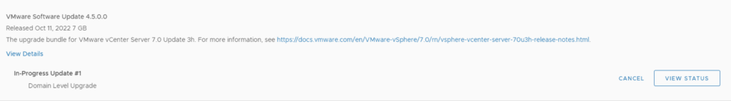 Upgrading VMware vCenter Server 7.0 Update 3h; view status for In-Progress Update #1.