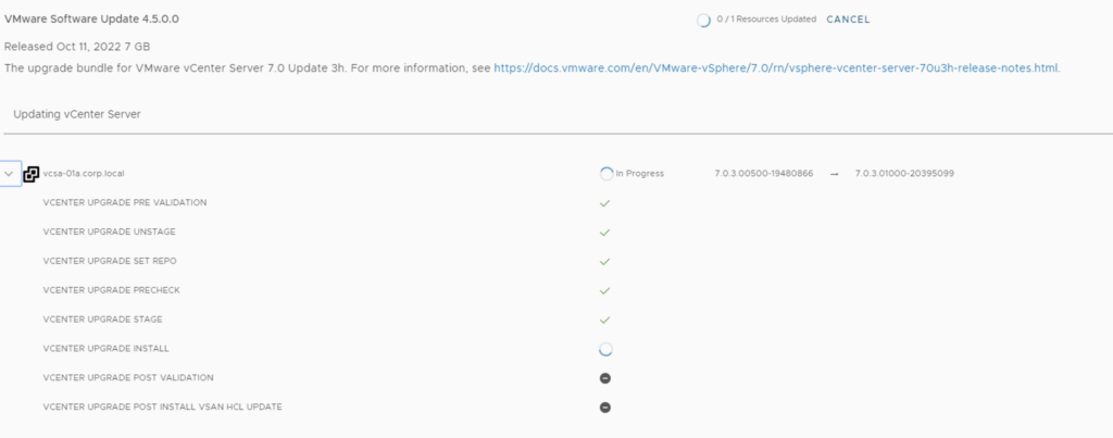 Upgrading VCF 4.3.x to VCF 5: Progress shows pre-validation, unstage, set repo, precheck, and stage steps in progress.