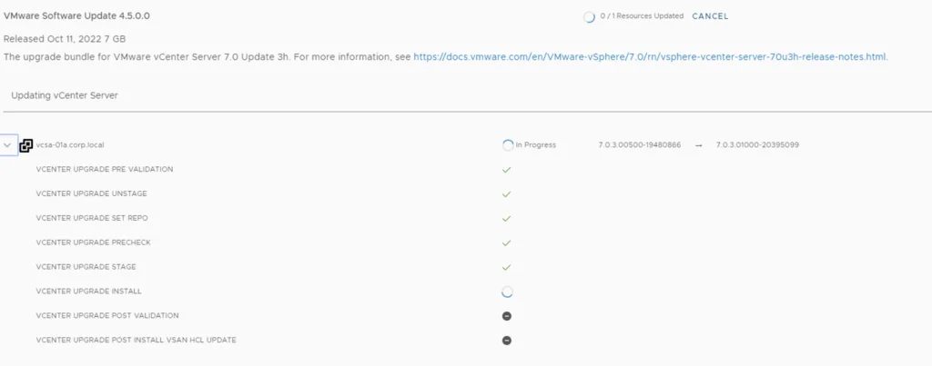 Upgrading VCF 4.3.x to VCF 5: Progress shows pre-validation, unstage, set repo, precheck, and stage steps in progress.