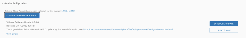 Update now button visible for Cloud Foundation 4.5.0.0 upgrade.