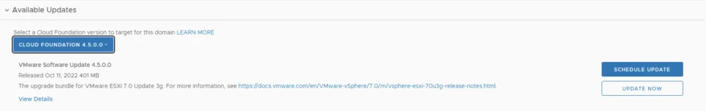 Update now button visible for Cloud Foundation 4.5.0.0 upgrade.
