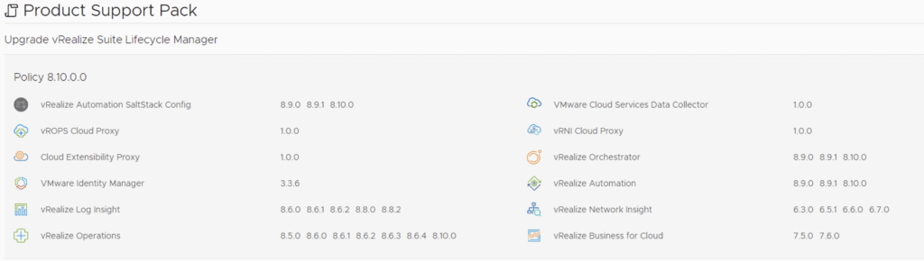 The image shows vRSLCM support pack details for upgrading to version 8.10.0.7.