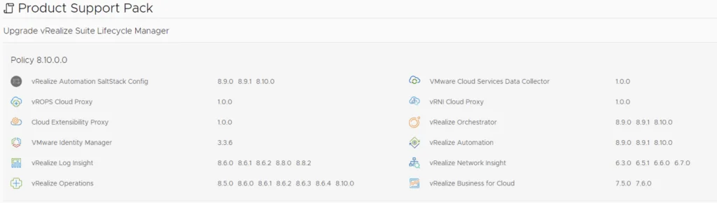 The image shows vRSLCM support pack details for upgrading to version 8.10.0.7.