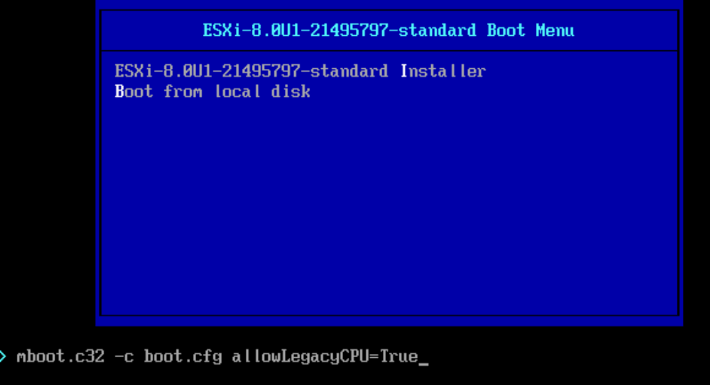 Boot menu shows ESXi-8.0U1-21495797-standard options, including Installer and local disk.