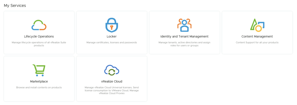 The image shows a menu with options for Lifecycle Operations, Locker, Identity and Tenant Management, Content Management, Marketplace, and vRealize Cloud.
