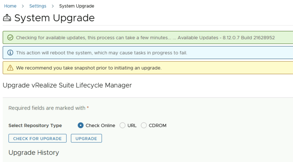 System upgrade screen showing available updates for vRSLCM 8.12.