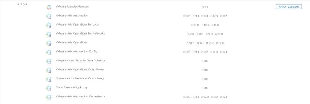 The image shows a list of VMware Aria Suite components with version numbers and an &ldquo;Apply Version&rdquo; button.