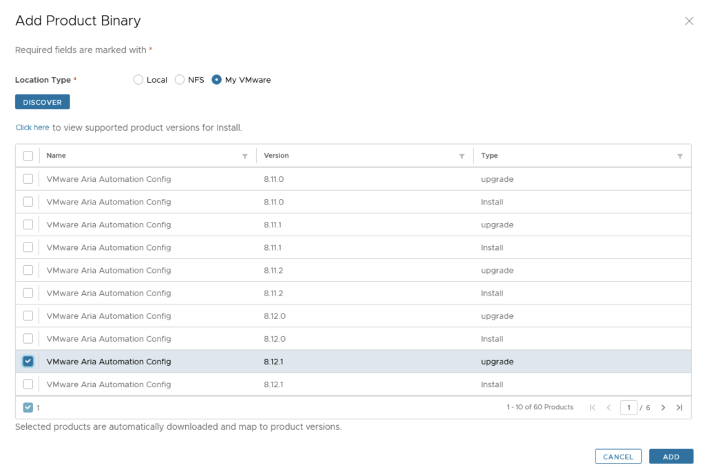 Upgrading to 8.12.1 of VMware Aria Automation Config via a binary selection interface.