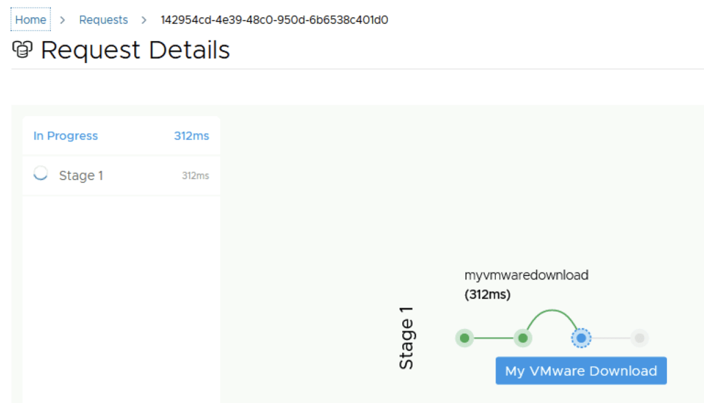 Request details show download in progress, stage 1, 312ms.