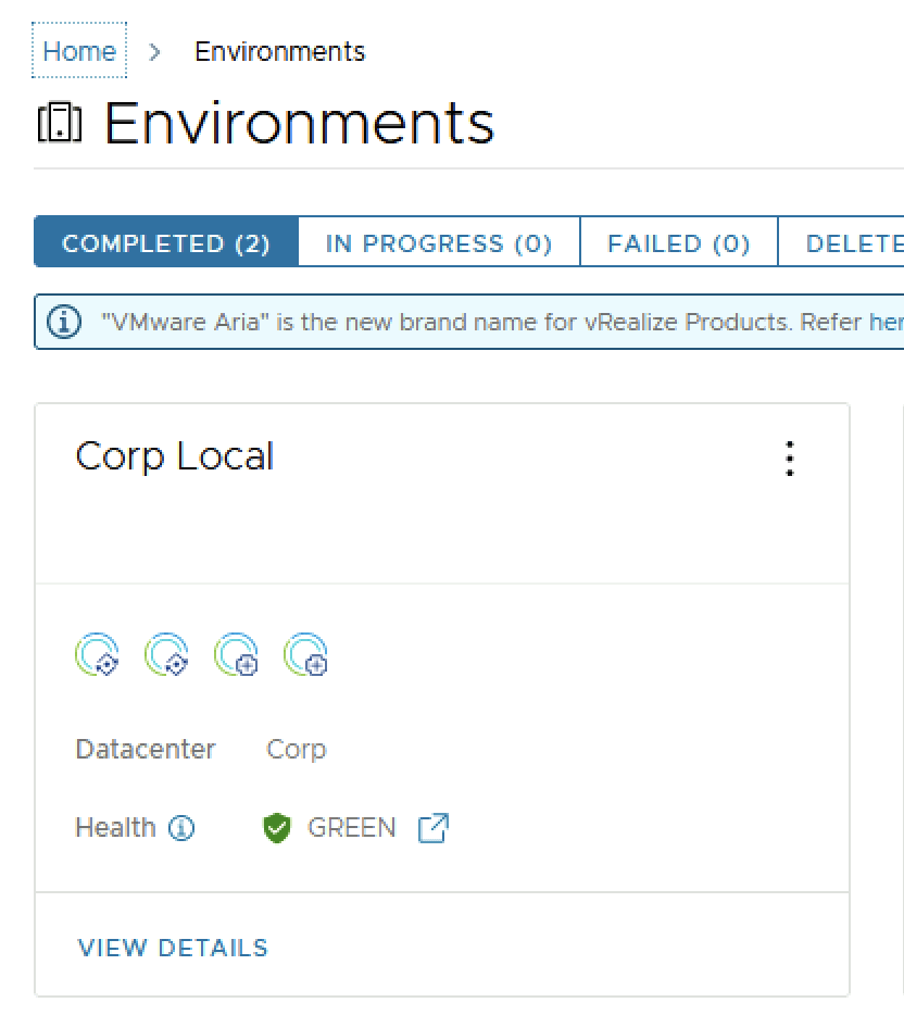 The image shows a completed environment labeled &ldquo;Corp Local&rdquo; with a green health status and details link.