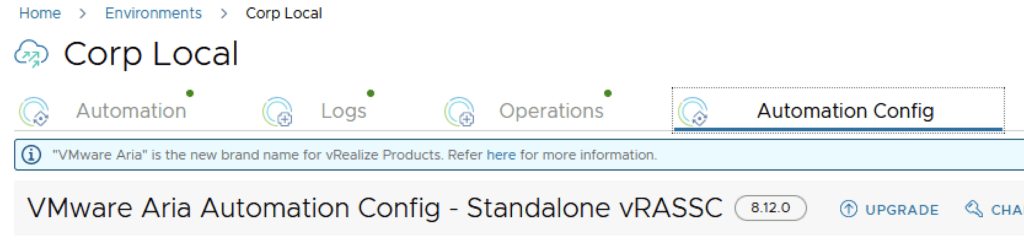 The Automation Config screen shows vRASSC version 8.12.0 with an Upgrade button.