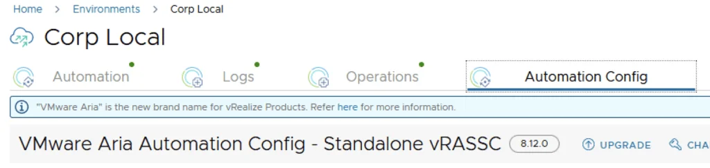 The Automation Config screen shows vRASSC version 8.12.0 with an Upgrade button.