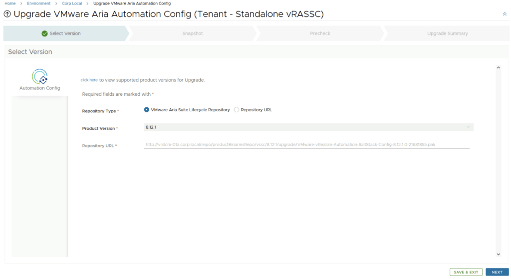 Selecting version 8.12.1 for VMware Aria Automation Config upgrade.
