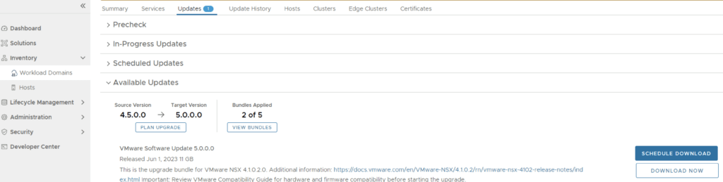 Upgrading VCF 4.5.0 to 5.0.0 shown, download available now.