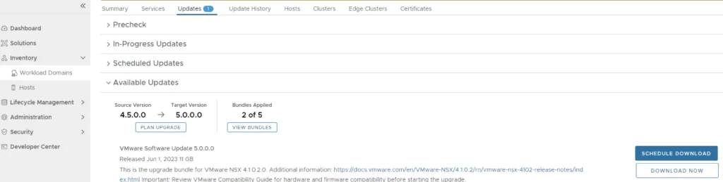Upgrading VCF 4.5.0 to 5.0.0 shown, download available now.