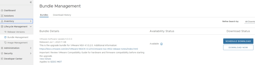 The image shows the Bundle Management page with details for VMware Software Update 5.0.0.0, available for download.