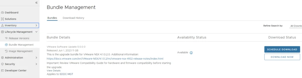 The image shows the Bundle Management page with details for VMware Software Update 5.0.0.0, available for download.