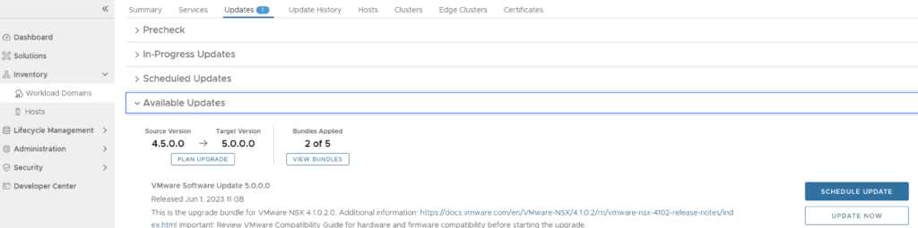 UI shows upgrade details for NSX 4.5.0 to 5.0.0, 2 out of 5 bundles applied, upgrade now button visible.