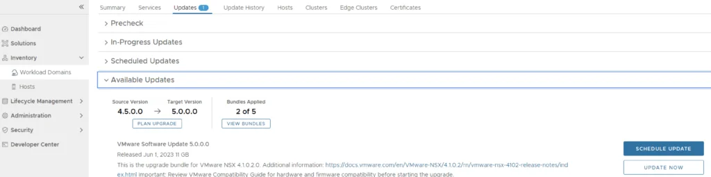UI shows upgrade details for NSX 4.5.0 to 5.0.0, 2 out of 5 bundles applied, upgrade now button visible.