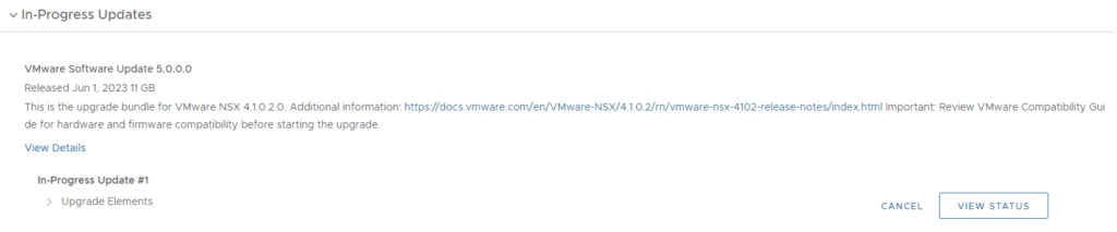 Upgrading NSX to 5.0.0.0. View status for update #1.
