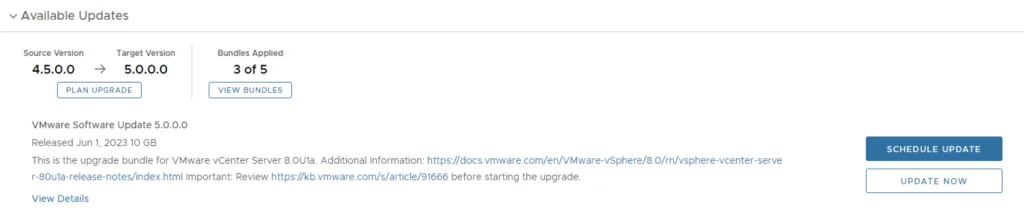 Upgrade screen shows version 4.5.0.0 to 5.0.0.0, 3 of 5 bundles applied, and options to plan, view, schedule, or update now.