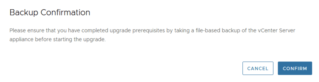 Backup confirmation step for vCenter Server upgrade.