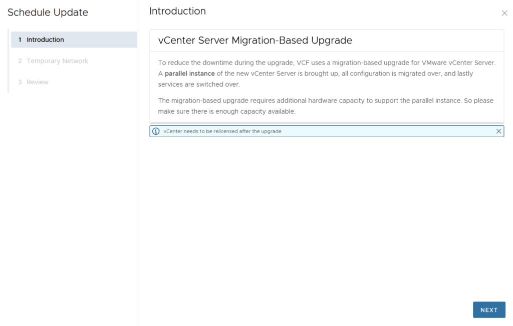 Wizard step 1: Introduction for vCenter Server Migration-Based Upgrade.