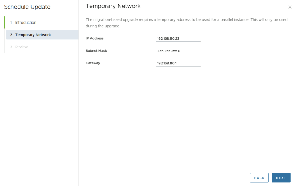 Wizard step: Temporary Network. Enter IP 192.168.110.23, subnet 255.255.255.0, gateway 192.168.110.1.