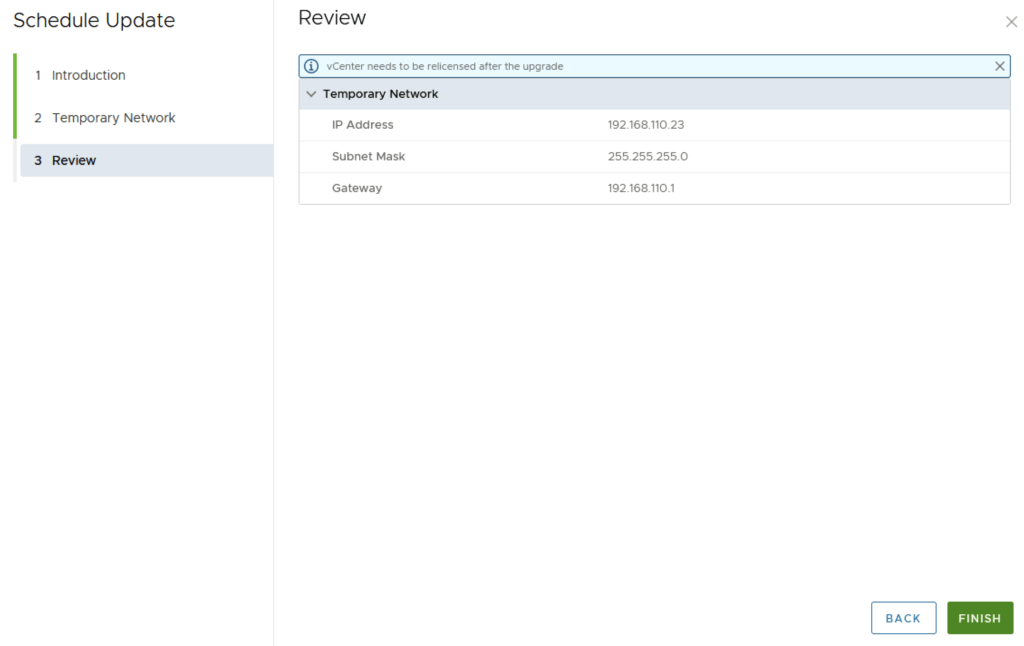 Review screen shows network details and upgrade notice; click Finish to proceed.