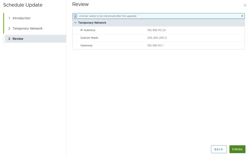 Review screen shows network details and upgrade notice; click Finish to proceed.