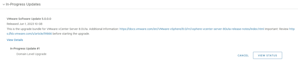 Upgrading VMware vCenter Server 8.0U1a, status shown for Domain Level Upgrade.