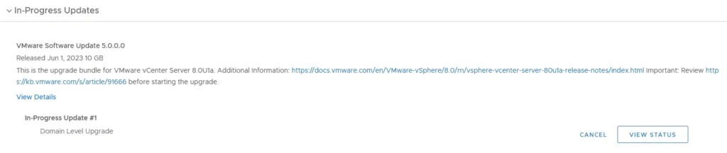 Upgrading VMware vCenter Server 8.0U1a, status shown for Domain Level Upgrade.