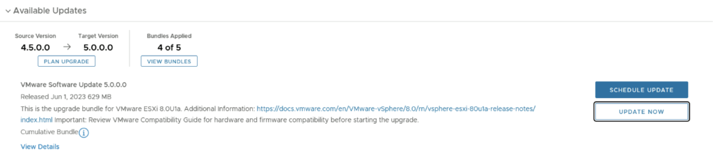 Update now button visible for VMware ESXi 5.0.0.0 upgrade.