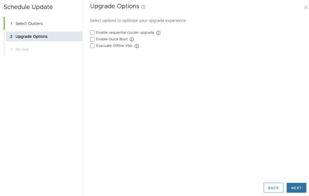 Upgrade Options screen in VCF upgrade wizard.