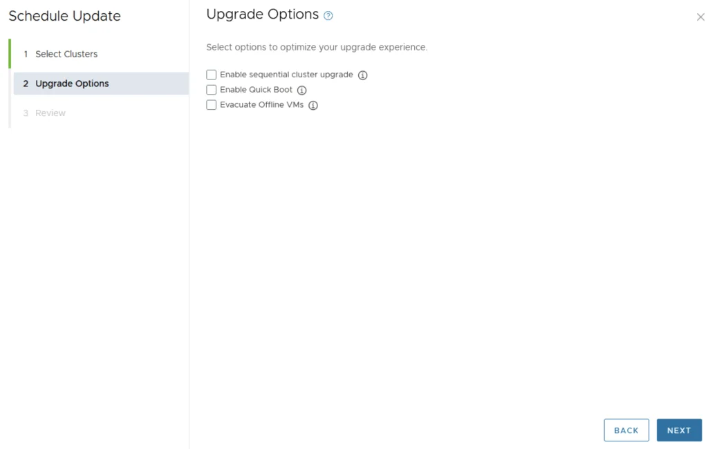 Upgrade Options screen in VCF upgrade wizard.