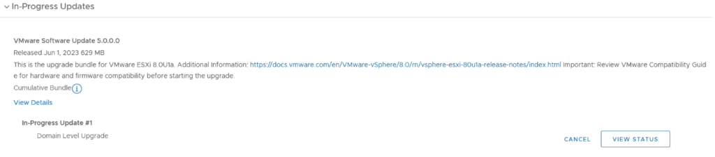 VMware Software Update 5.0.0.0 in progress, view status available.
