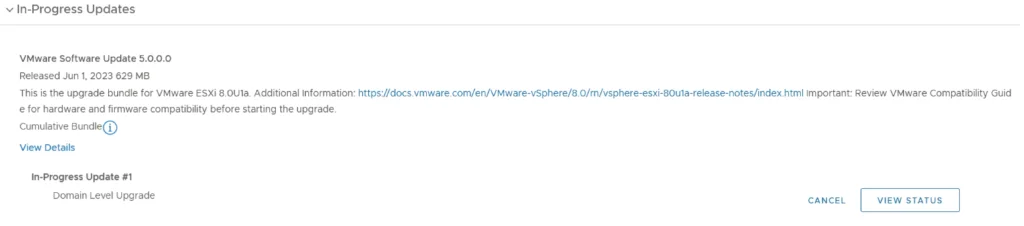 VMware Software Update 5.0.0.0 in progress, view status available.
