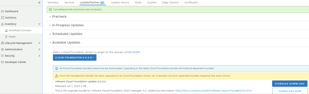 Upgrading VCF 4.3.x to VCF 5: Select Cloud Foundation version, download bundle.