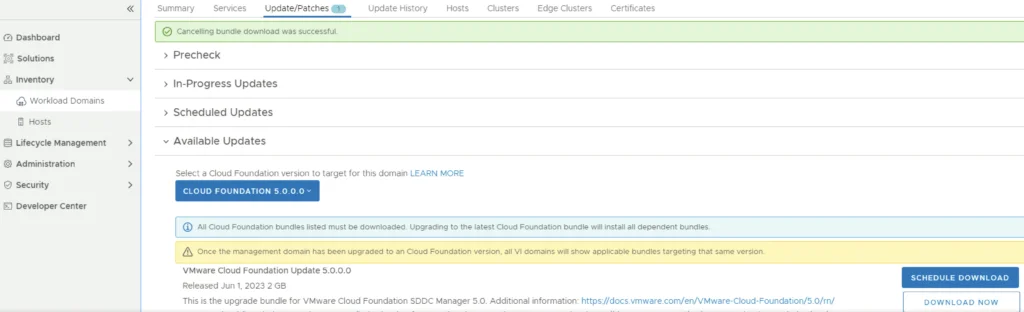 Upgrading VCF 4.3.x to VCF 5: Select Cloud Foundation version, download bundle.