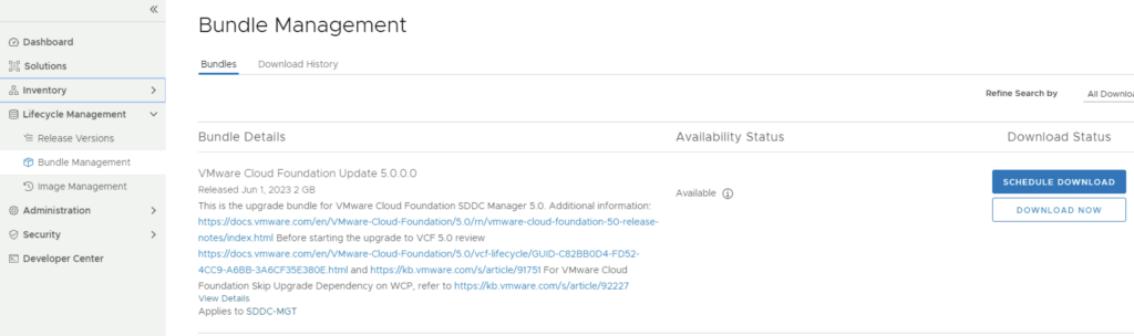 In the Bundle Management section, you can see details about VMware Cloud Foundation Update 5.0.0.0, including release date and download options.