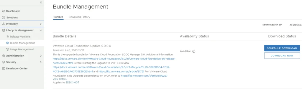 In the Bundle Management section, you can see details about VMware Cloud Foundation Update 5.0.0.0, including release date and download options.