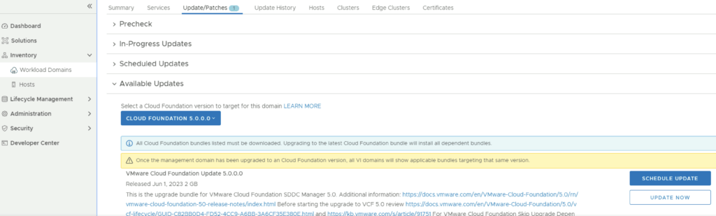 Upgrading VCF 4.3.x to VCF 5.0.0.0 shown in the Update/Patches step.