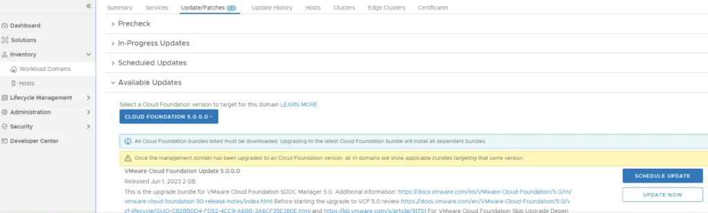 Upgrading VCF 4.3.x to VCF 5.0.0.0 shown in the Update/Patches step.