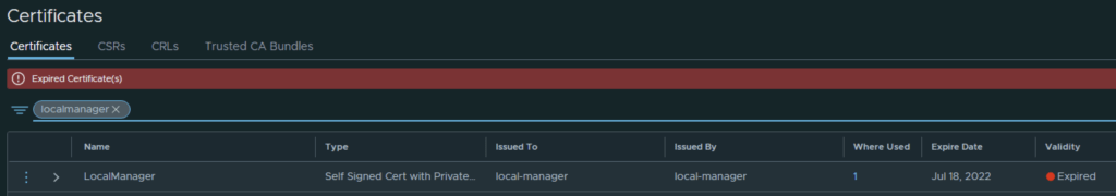 Expired LocalManager certificate shown in NSX UI, needs replacement.