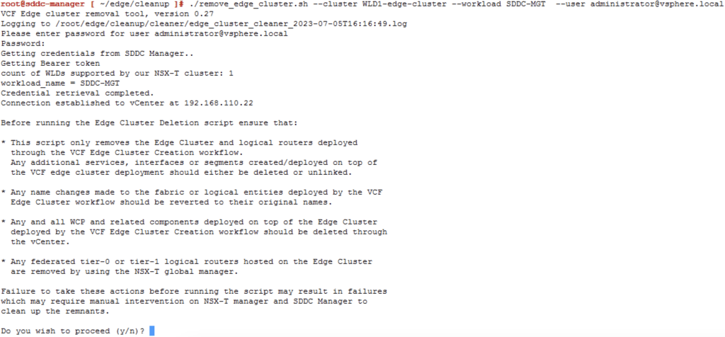 The image shows a terminal command for removing an NSX Edge Cluster in a VMware Cloud Foundation environment, requiring confirmation before proceeding.