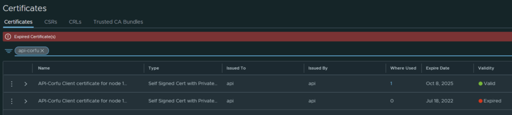 UI shows expired certificate with “Expired Certificate(s)” error.